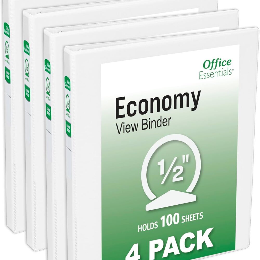 Office Essentials 0.5" Standard View Binders, 4 White Binders
